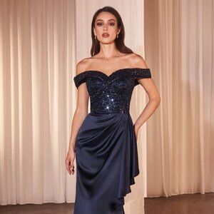 NEW FORMAL SHEATH OFF THE SHOULDER SATIN DRESS W/ SEQUINS EMBROIDERY CD CR877